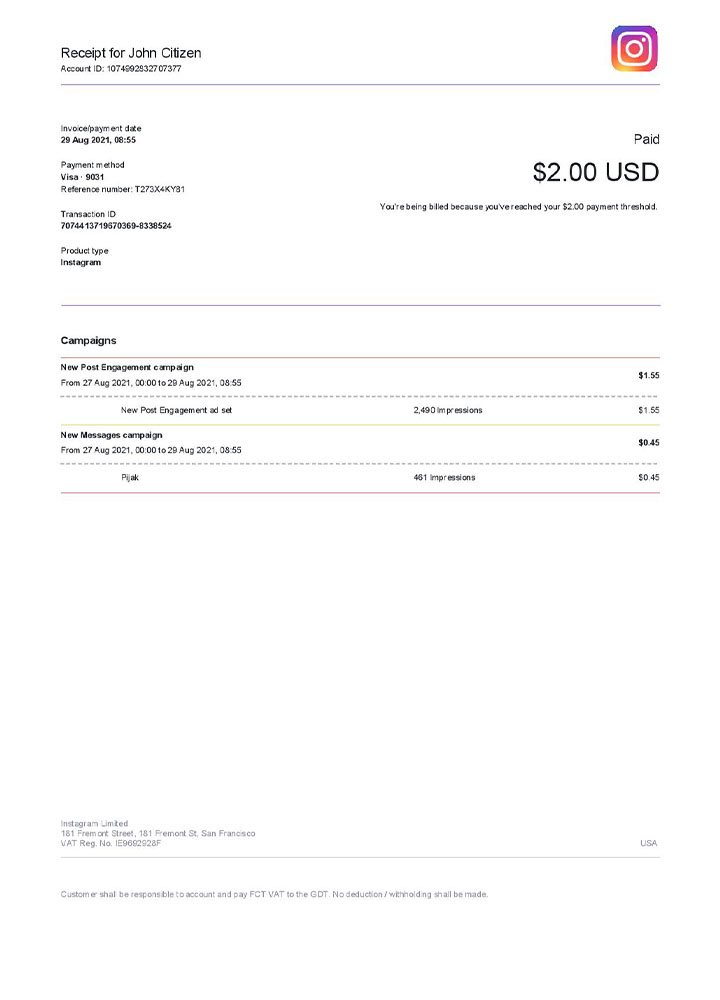 USA Instagram invoice template PSD template